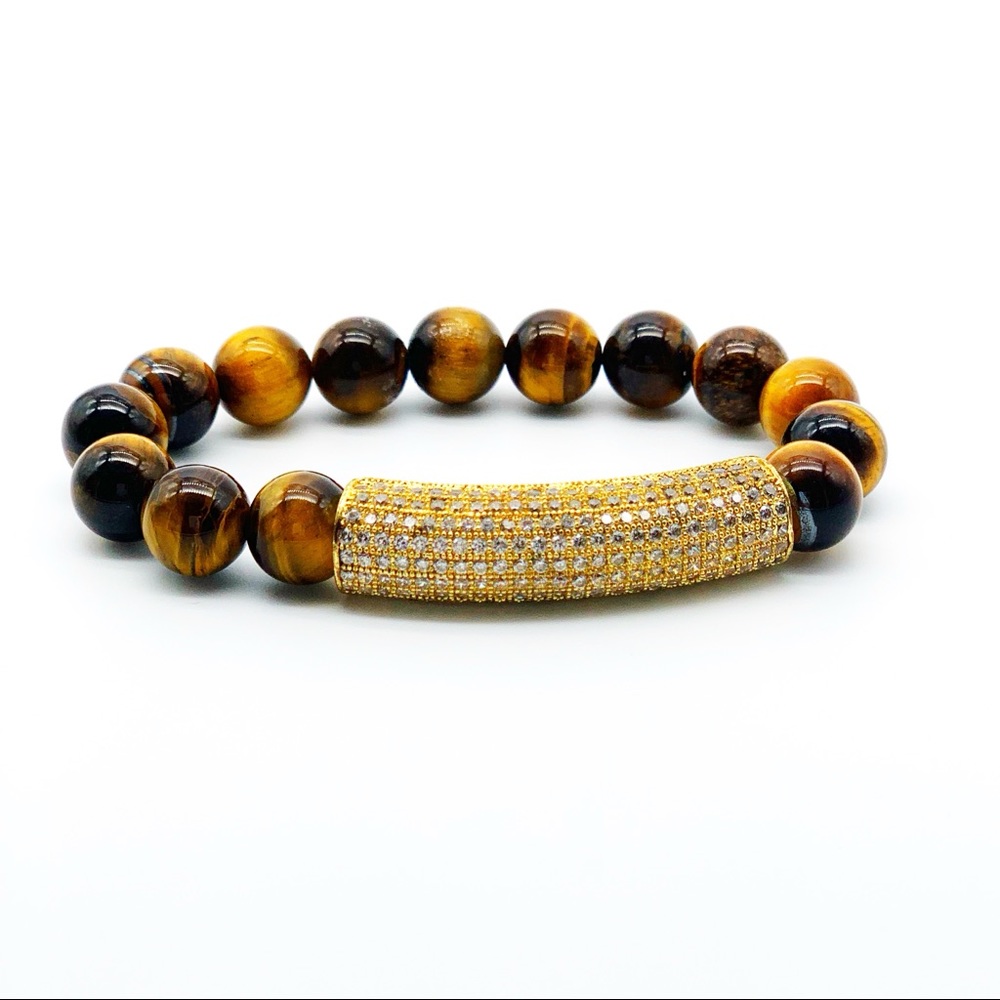 Beaded stretch bracelet,tigers eye pave bar